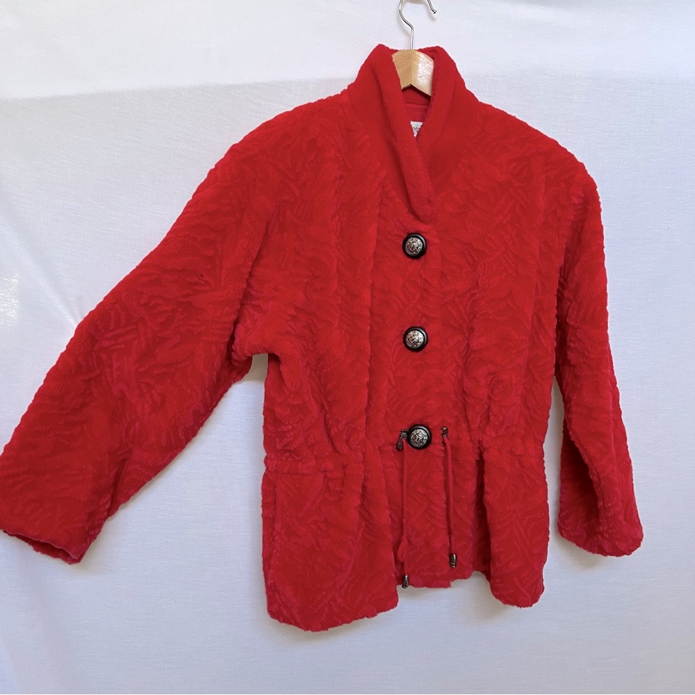Vintage Norm Thompson Red Terry Reindeer Print Jacket.  Size M